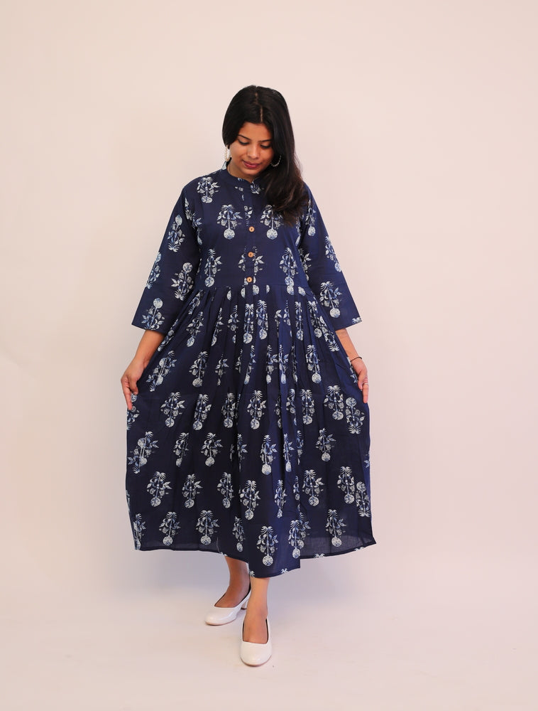 Jaipuri Cotton Printed Navy Blue Floral Dress