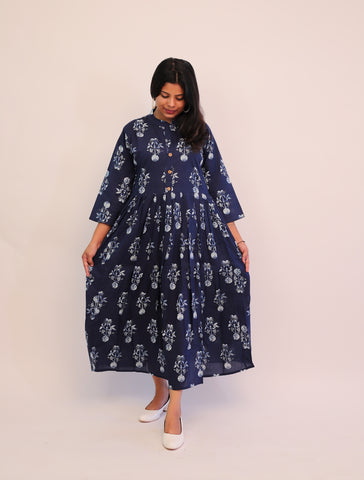 Jaipuri Cotton Printed Navy Blue Floral Dress