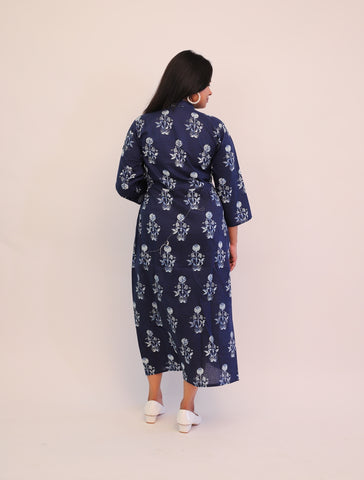 Jaipuri Cotton Printed Navy Blue Floral Dress