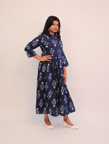 Jaipuri Cotton Printed Navy Blue Floral Dress