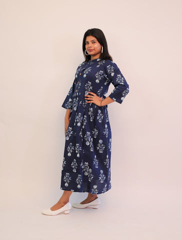 Jaipuri Cotton Printed Navy Blue Floral Dress