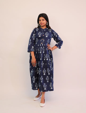 Jaipuri Cotton Printed Navy Blue Floral Dress