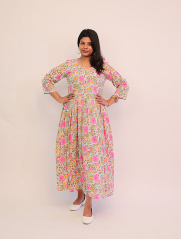 Jaipuri Cotton Printed Pink Floral Dress