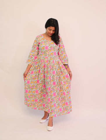 Jaipuri Cotton Printed Pink Floral Dress