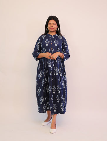 Jaipuri Cotton Printed Navy Blue Floral Dress