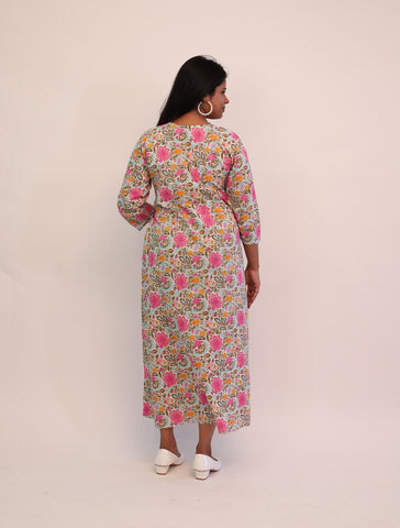 Jaipuri Cotton Printed Pink Floral Dress