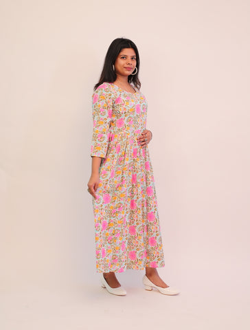 Jaipuri Cotton Printed Pink Floral Dress