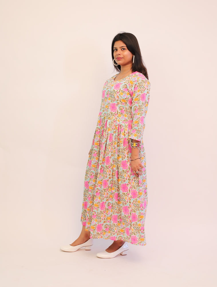 Jaipuri Cotton Printed Pink Floral Dress