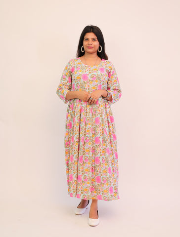 Jaipuri Cotton Printed Pink Floral Dress