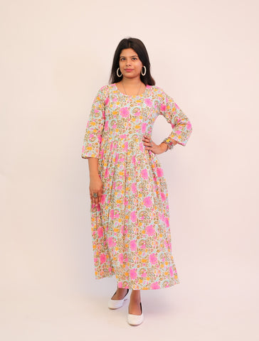 Jaipuri Cotton Printed Pink Floral Dress