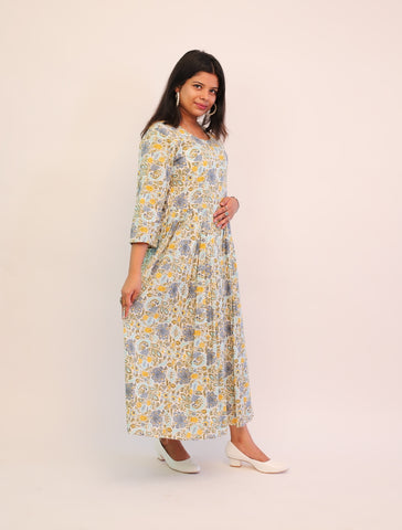 Jaipuri Cotton Printed Sky Blue Floral Dress