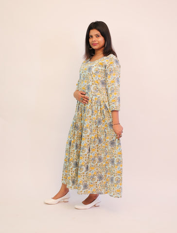 Jaipuri Cotton Printed Sky Blue Floral Dress