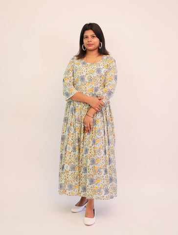 Jaipuri Cotton Printed Sky Blue Floral Dress