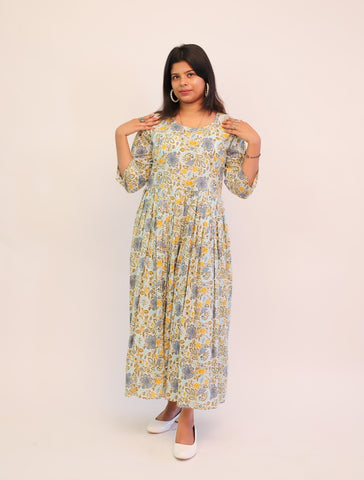 Jaipuri Cotton Printed Sky Blue Floral Dress