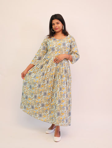 Jaipuri Cotton Printed Sky Blue Floral Dress