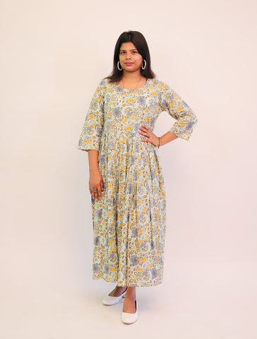 Jaipuri Cotton Printed Sky Blue Floral Dress