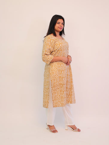 Plus Size Yellow Printed Long Kurti