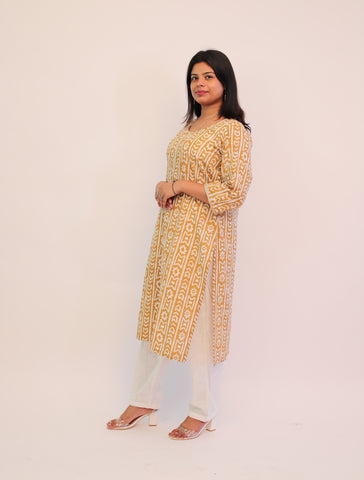 Plus Size Yellow Printed Long Kurti