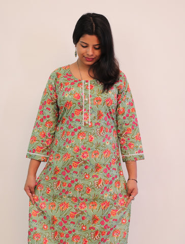 Pure Cotton Green Printed Long Kurti