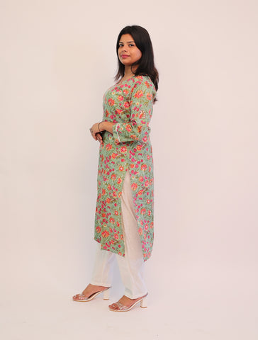 Pure Cotton Green Printed Long Kurti