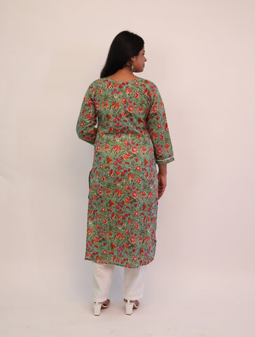 Pure Cotton Green Printed Long Kurti