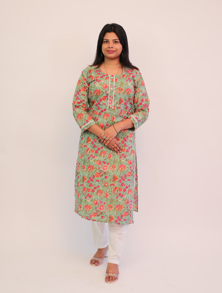 Pure Cotton Green Printed Long Kurti