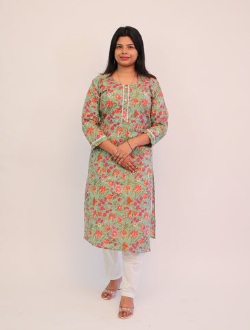 Pure Cotton Green Printed Long Kurti