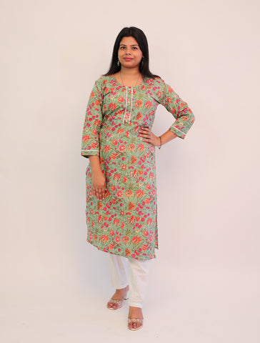 Pure Cotton Green Printed Long Kurti