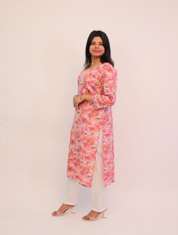 Pure Cotton Pink Printed Long Kurti