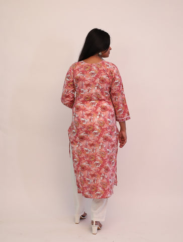 Pure Cotton Pink Printed Long Kurti