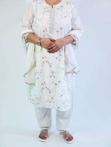 White Silk 3 Piece Suit with hand embroidery