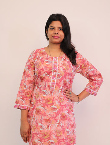 Pure Cotton Pink Printed Long Kurti