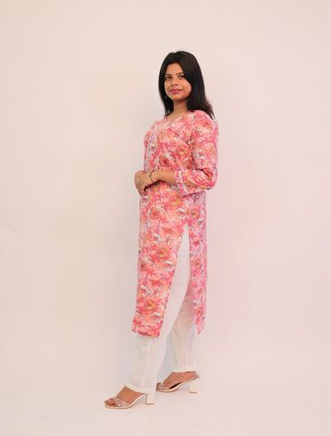 Pure Cotton Pink Printed Long Kurti