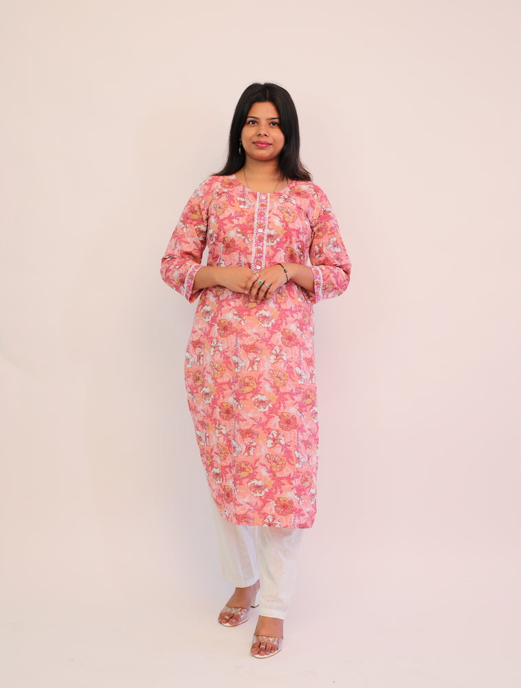 Pure Cotton Pink Printed Long Kurti