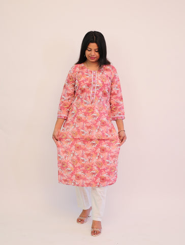 Pure Cotton Pink Printed Long Kurti