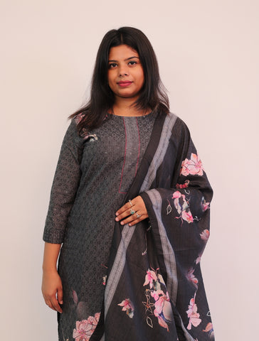 Cotton Black Schiffili Kurta with matching pants and dupatta