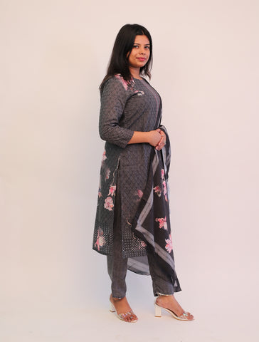 Cotton Black Schiffili Kurta with matching pants and dupatta