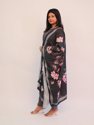 Cotton Black Schiffili Kurta with matching pants and dupatta