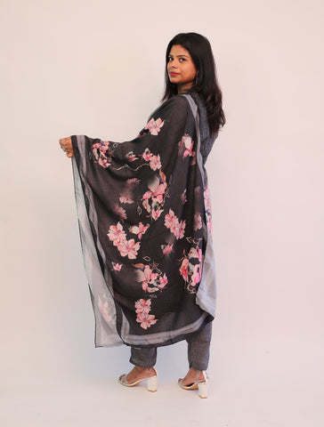 Cotton Black Schiffili Kurta with matching pants and dupatta