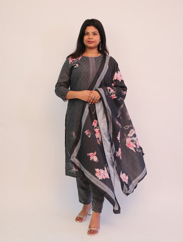 Cotton Black Schiffili Kurta with matching pants and dupatta