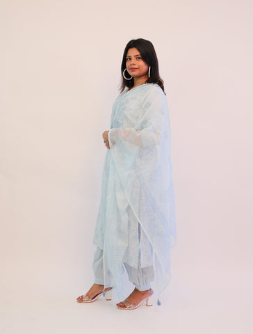 Powder Blue Chikankari Suit with Afghani Pants and Dupatta