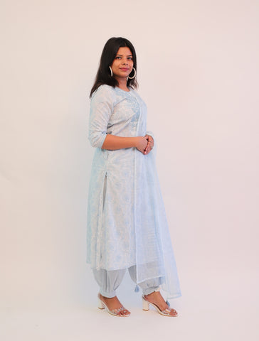 Powder Blue Chikankari Suit with Afghani Pants and Dupatta