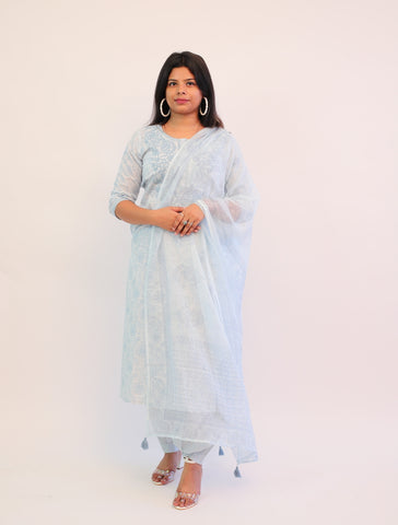 Powder Blue Chikankari Suit with Afghani Pants and Dupatta