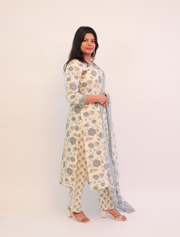 Cotton 3 piece suit with matching printed pants and dupatta