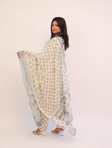 Cotton 3 piece suit with matching printed pants and dupatta