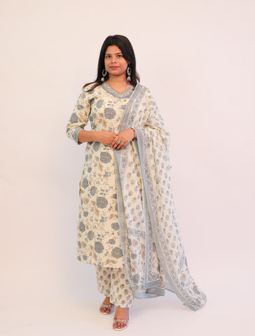 Cotton 3 piece suit with matching printed pants and dupatta