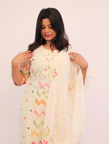 Off white Cotton Crochet Pattern kurta with matching pants and dupatta