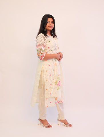 Off white Cotton Crochet Pattern kurta with matching pants and dupatta