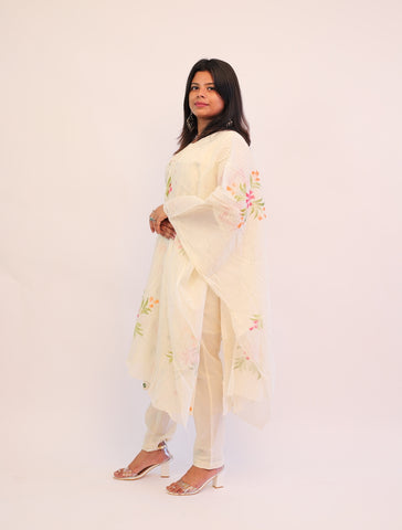 Off white Cotton Crochet Pattern kurta with matching pants and dupatta