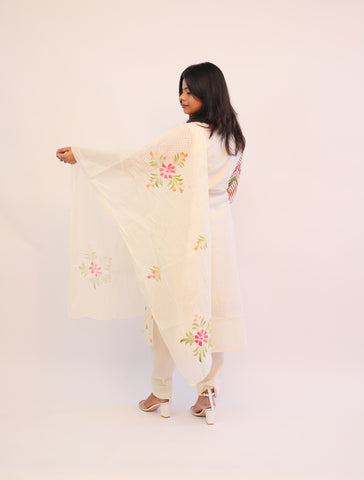 Off white Cotton Crochet Pattern kurta with matching pants and dupatta